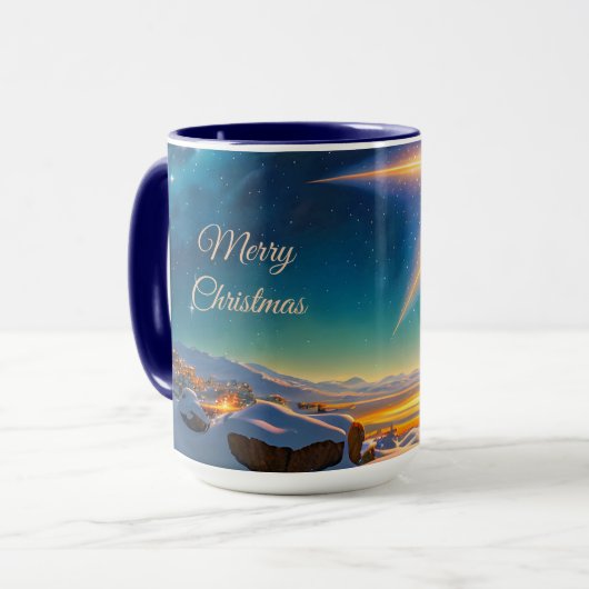 Kerstster, charmant winterlandschap 's nachts mok (Voorkant links)