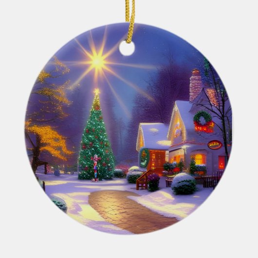 Kerstster die over een kerstboom schittert keramisch ornament (Voorkant)