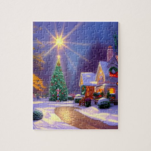 Kerstster die over een kerstboom schittert legpuzzel (Verticaal)