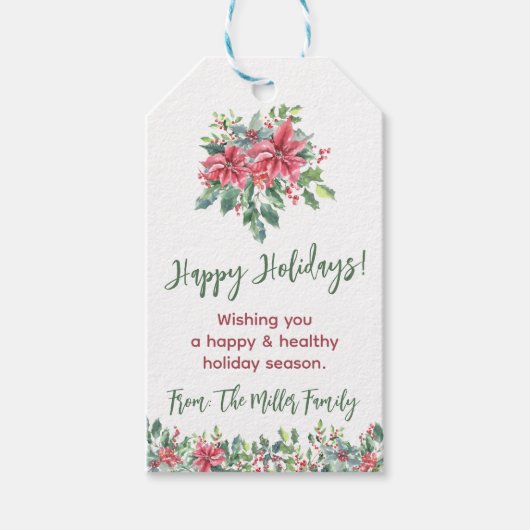 Kerstster en Hulst Aquarel Kerstfeest Cadeaulabel (Voorkant)