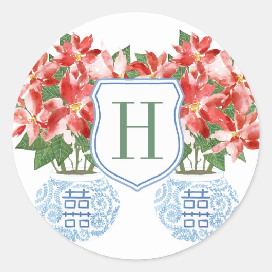 Kerstster Euphorbia Monogram Kerstvakantie Ronde Sticker (Voorkant)