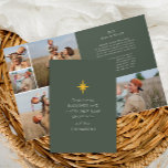 Kerstster Jaar in Review Fotocollage<br><div class="desc">Deze moderne minimalistische groene kerstkaart heeft een eenvoudige gouden kleur kerstster met een bewerkbare religieuze kerstgroet en uw aangepaste naam op een klassieke groene achtergrond. De binnenkant bevat een familiefotocollage en een bewerkbaar vakantiejaar in de review-bericht voor vrienden en familie. De achterkant van deze eenvoudige gevouwen wenskaart is een volledige...</div>