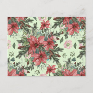 Kerstster met bloemen en dennenappels in vintage s briefkaart