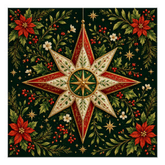 Kerstster Ornament Poinsettia Hulst Vintage Perfect Poster