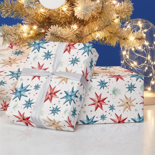Kerstster Ornamenten Rood Blauw Moderne Kerst Cadeaupapier (Feestdagen)