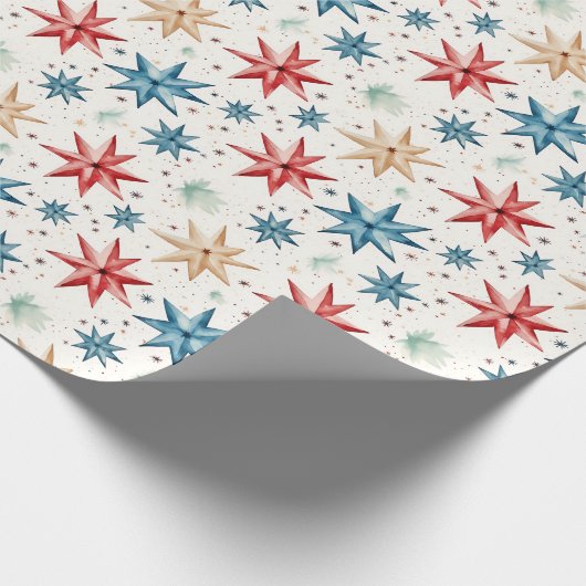 Kerstster Ornamenten Rood Blauw Moderne Kerst Cadeaupapier (Hoek)