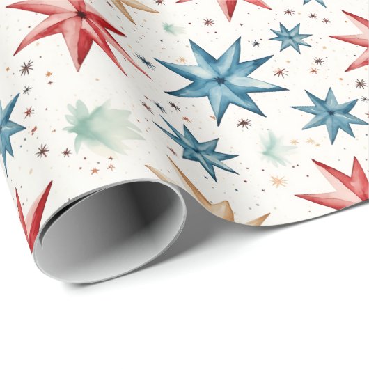 Kerstster Ornamenten Rood Blauw Moderne Kerst Cadeaupapier (Rol Hoek)