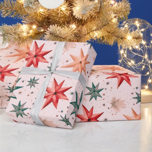 Kerstster Ornamenten Rood Blauw Moderne Kerst Cadeaupapier (Feestdagen)