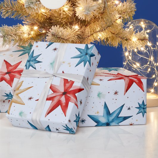 Kerstster Ornamenten Rood Blauw Moderne Kerst Cadeaupapier (Feestdagen)