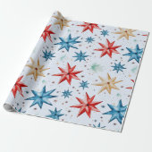 Kerstster Ornamenten Rood Blauw Moderne Kerst Cadeaupapier (Uitgerold)