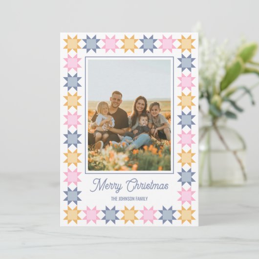 Kerstster patchwork omlijst kerst fotokaart feestdagenkaart (Staand voorkant)