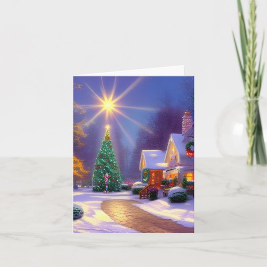 Kerstster schijnt over een kerstboom blanco kaart (Voorkant)