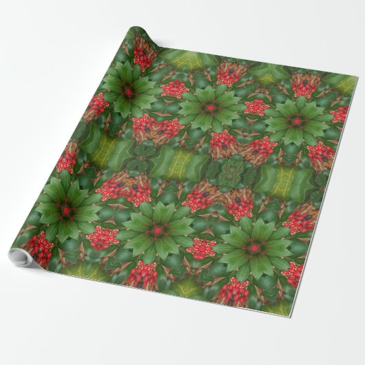 kerststerbloemen Pattern Red Green Floral Cadeaupapier (Uitgerold)