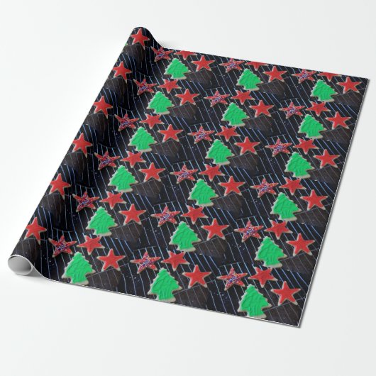 Kerststerren en boomkoekjes cadeaupapier (Uitgerold)