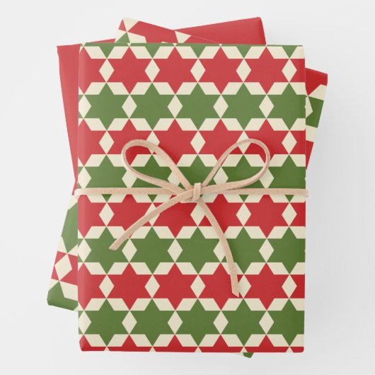 Kerststerren in Retro Red, Olive Green en Cream Inpakpapier Vel (In situ)