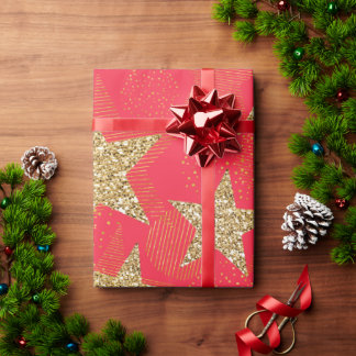 KERSTSTERREN MET RODE EN GOUD GLITTER LOOK CADEAUPAPIER