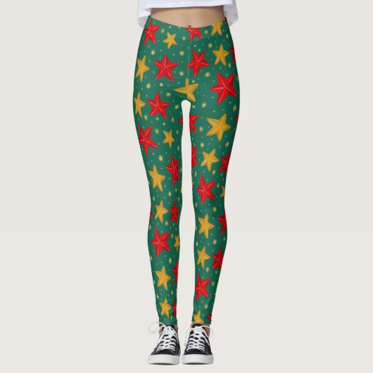 Kerststerren met rode en gouden Leggings (Voorkant)