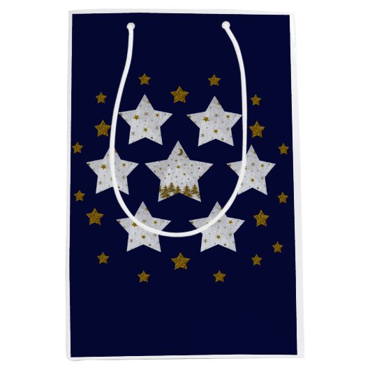 Kerststerren op blauw medium cadeauzakje (Voorkant)