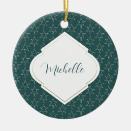 Kerststerren Patroon Geborduurd Groen Dennenhout Keramisch Ornament