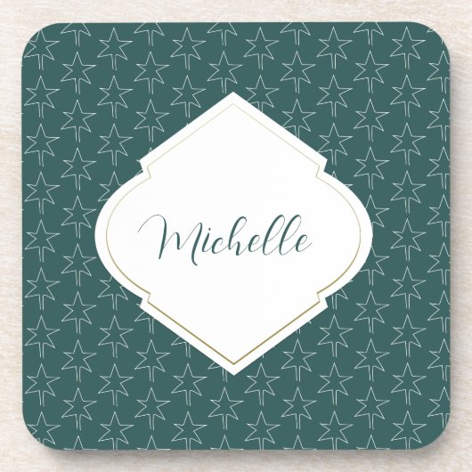 Kerststerren Pattern Monogrammed Pine Green Bier Onderzetter (Voorkant)