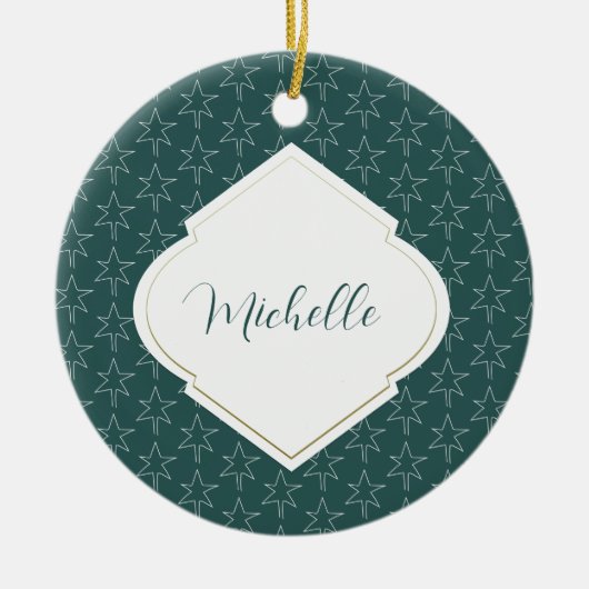 Kerststerren Pattern Monogrammed Pine Green Keramisch Ornament (Voorkant)