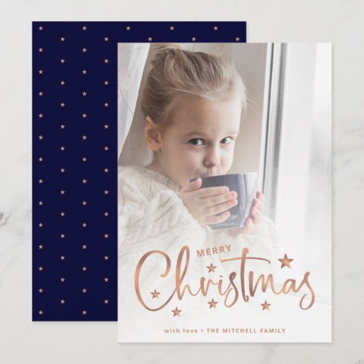 Kerststerren | Roos Gold Script en foto Feestdagenkaart (Voorkant / Achterkant)