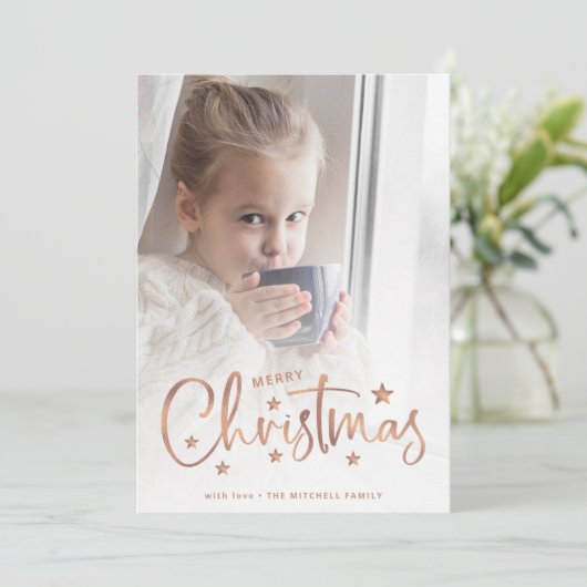 Kerststerren | Roos Gold Script en foto Feestdagenkaart (Staand voorkant)