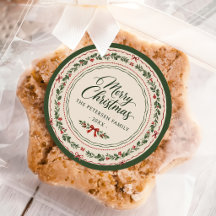 Kerststicker met bloemrand en rode strik