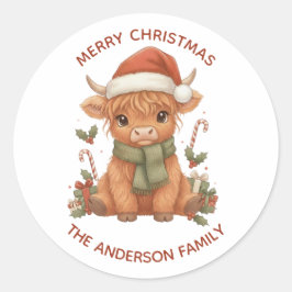 Kerststicker met Highland-koe en aangepaste famili Ronde Sticker