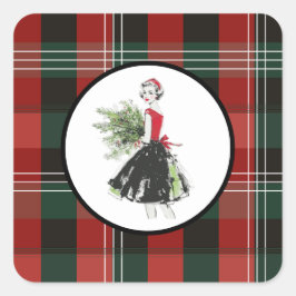 Kerststicker met ruitjespatroon vierkante sticker