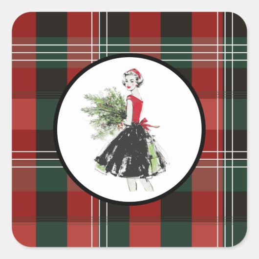 Kerststicker met ruitjespatroon vierkante sticker (Voorkant)