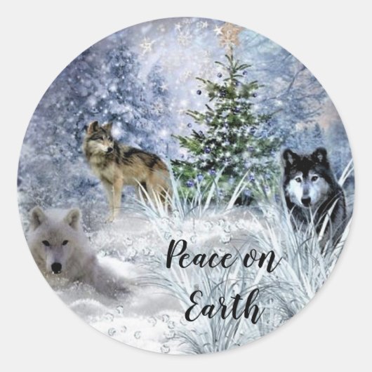 Kerststicker met wolven en wintersneeuw ronde sticker (Voorkant)
