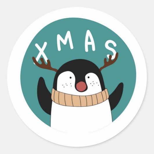 KERSTSTICKER WHIMISCHE PINGUÏN RONDE STICKER (Voorkant)