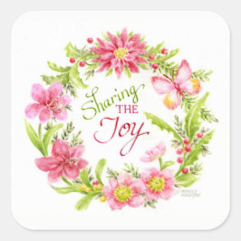 Kerststickers Bloemige Aquarel Krans Vierkante Sticker
