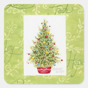Kerststickers Kerstboom in rode pot Vierkante Sticker