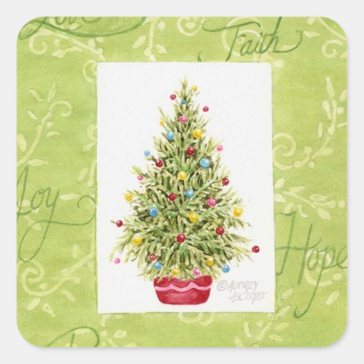 Kerststickers Kerstboom in rode pot Vierkante Sticker (Voorkant)