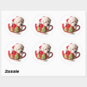 KERSTSTICKERS MET HONDJE IN EEN BEKER RONDE STICKER (Vel)