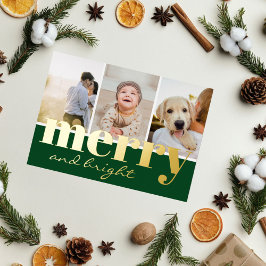 Kerststijl groen drie foto kerstfeest vrolijk folie feestdagenkaart