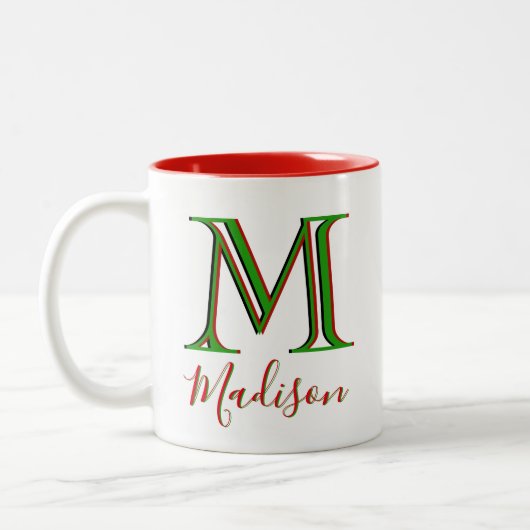 Kerststijlvol, aangepaste naam 3D-monogram Tweekleurige Koffiemok (Links)