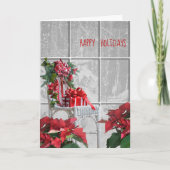 Kerststoel met poinsettia in het raam kaart (Voorkant)