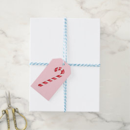 Kerststok rood witte strepen op roze waterverf  cadeaulabel