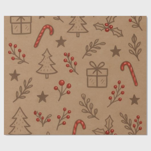 Kerststokken en Hulst Kerstpapier Cadeaupapier (Vlak)