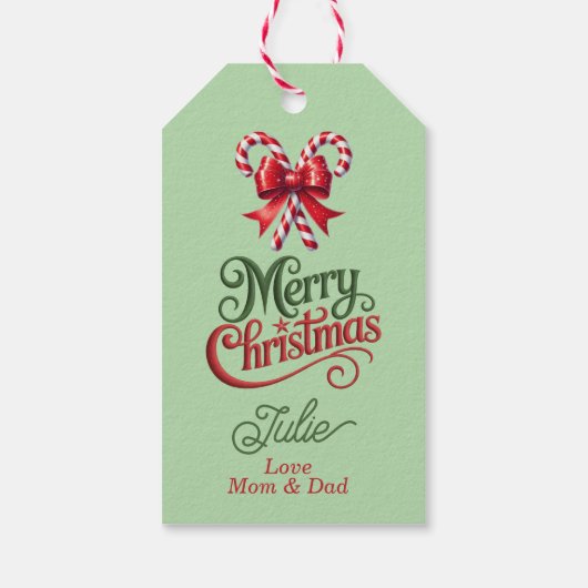 Kerststokken met rode strik vrolijk kerstfeest cadeaulabel (Achterkant)