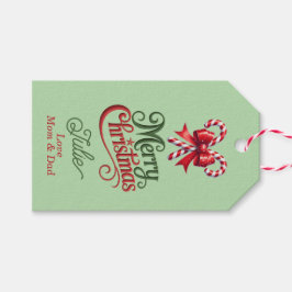 Kerststokken met rode strik vrolijk kerstfeest cadeaulabel