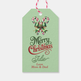 Kerststokken met rode strik Vrolijk Kerstfeest Cadeaulabel