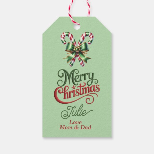 Kerststokken met rode strik Vrolijk Kerstfeest Cadeaulabel (Achterkant)
