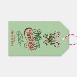 Kerststokken met rode strik Vrolijk Kerstfeest Cadeaulabel