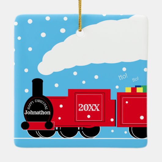 Kerststoomtrein op sneeuw keramisch ornament (Achterkant)