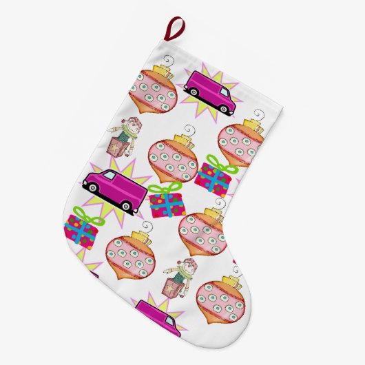 kerststop, speelgoedbus roze auto grote kerstsok (Voorkant (Hangend))