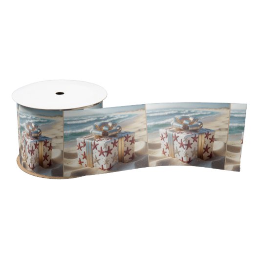 Kerststrandcadeau met zeesterren satijnen lint (Spoel)
